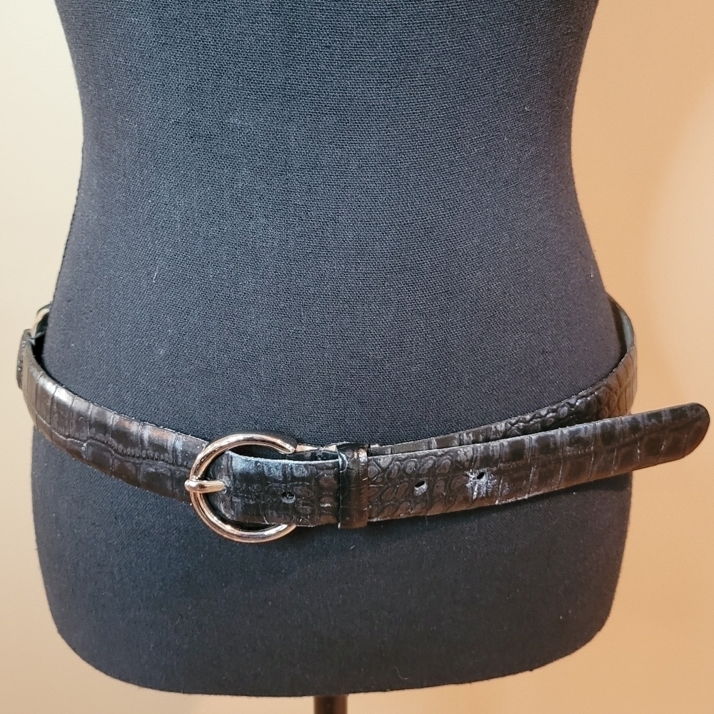 LIZ CLAIBORNE Genuine Leather Belt, Dark Grey with Silver Tone Hardware